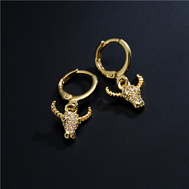 18K Gold Plated Copper Bull Head Earrings with Zirconia Stones - Lucky Charm for Year of the Ox