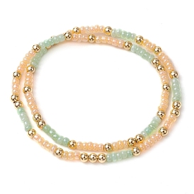 Two Tone Glass Seed Beads & Brass Beaded Stretch Bracelets, Wrap Bracelets for Women, Bisque & Pale Green
