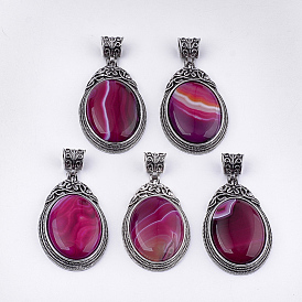 Natural Gemstones Big Pendants, with Alloy Findings, Oval, Antique Silver