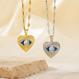 Chic Minimalist Brass Blue Enamel Evil Eye Heart Pendant Dapped Chain Necklace for Women