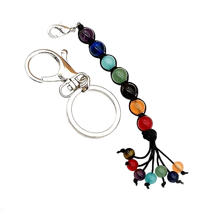 7 Chakra Gemstone Round Keychain, with Metal Key Rings and Lobster Claw Clasps