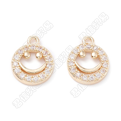 10Pcs Rack Plating Brass Micro Pave Clear Cubic Zirconia Charms, Long-Lasting Plated, Flat Round with Smiling Face