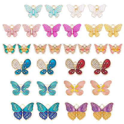 30Pcs 15 Style Alloy Enamel Pendants, Butterfly, Two Tone, Cadmium Free & Lead Free, Light Gold
