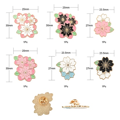 6Pcs 6 Style Creative Zinc Alloy Brooches, Enamel Pin, with Iron Butterfly Clutches or Rubber Clutches, Flower, Golden