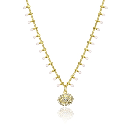 Evil Eye Brass Micro Pave Cubic Zirconia Pendant Necklaces, with Enamel, Brass Curb Chains and 304 Stainless Steel Lobster Claw Clasps