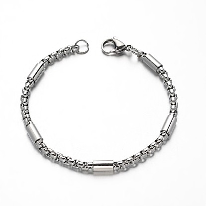 304 Stainless Steel Box Chain Bracelets, with Tube Beads and Lobster Claw Clasps, 210x4mm