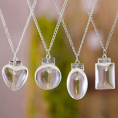 Clear Glass with Dandelion Inside Pendant Necklaces, Zinc Alloy Jewelry for Women, Platinum