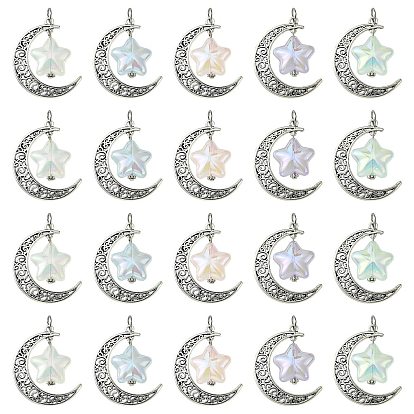 20 шт. 5 цвета, подвески из сплава и акрила в тибетском стиле, с 304 кольцами из нержавеющей стали, Луна и звезды прелести