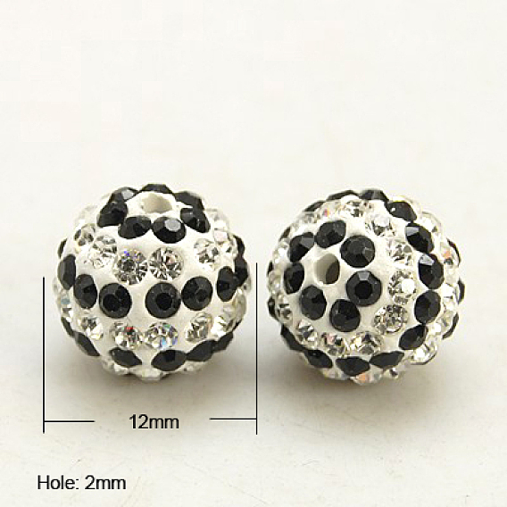 Polymer Clay Rhinestone Beads, Pave Disco Ball Beads, Grade A, Round, Jet/Crystal, PP13(1.9~2mm), 12mm, Hole: 2mm