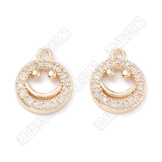 10Pcs Rack Plating Brass Micro Pave Clear Cubic Zirconia Charms, Long-Lasting Plated, Flat Round with Smiling Face