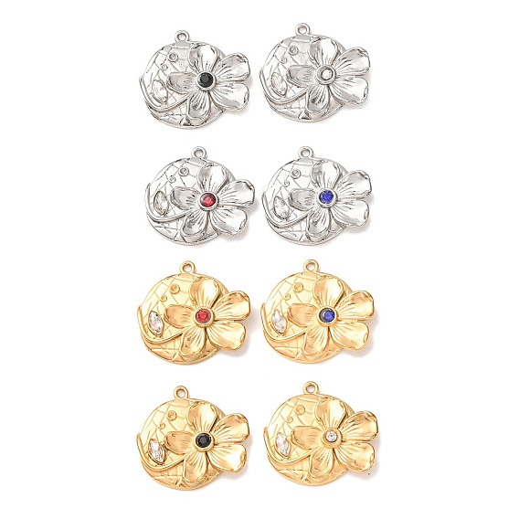304 Stainless Steel with Rhinestone Pendants, Flower Charms