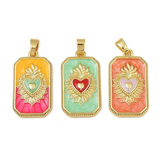 Латунь эмаль подвески, долговечный, без свинца и без кадмия, стойки покрытие, золотые, прямоугольник с подвесками в виде священного сердца