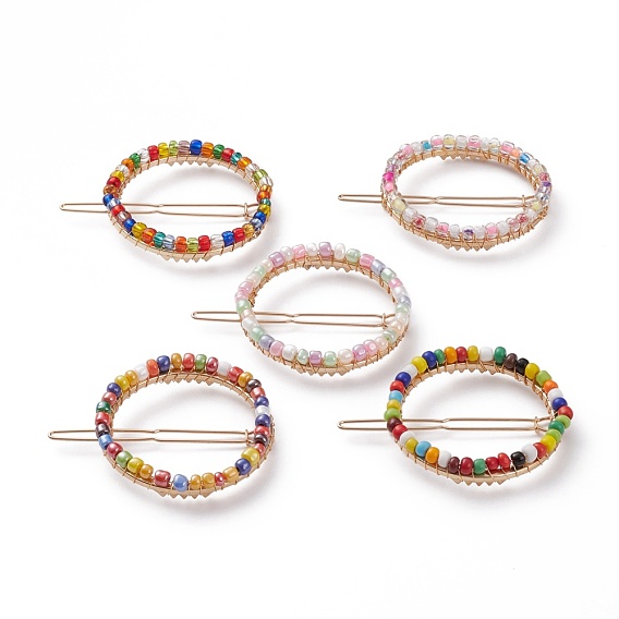 Alloy Hollow Hair Barrettes, Ponytail Holder Statement, with Glass Seed Beads