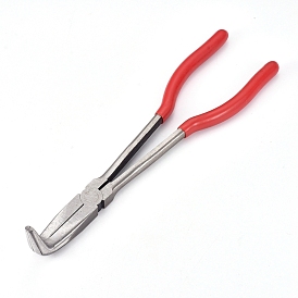 High Carbon Steel Bent Needle Nose Pliers, Long Reach 90 Degree Angle, Serrated Jaw, with Rubber Handle