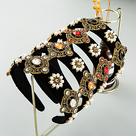 Black Velvet Rhinestone Headband with Pearl Embellishments for Women's Retro Style