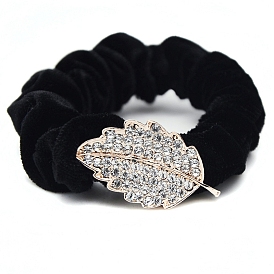 Velvet Hair Ties, with Alloy Rhinestone Finding, Leaf