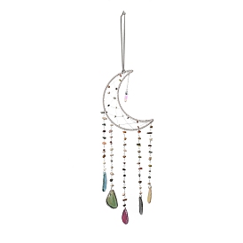 Mixed Gemstone Chips Beaded Moon Hanging Sun Catchers, with Glass Bullet and Natural Agate, with Iron Findings