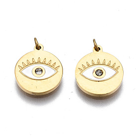 316 Surgical Stainless Steel Enamel Charms, with Jump Rings and Crystal Rhinestone, Real 14K Gold Plated, Flat Round with Eye