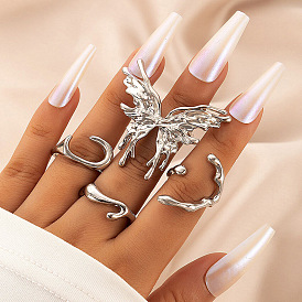 Geometric Butterfly Metal Ring Set - Unique Irregular Four-Piece Jewelry Collection