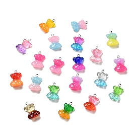 Transparent & Opaque Resin Pendants, Two Tones Bear Charm, with Platinum Tone Iron Loops and Glitter Powder