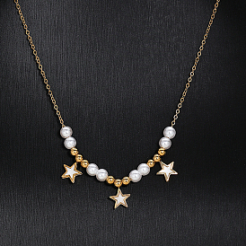Imitation Pearl Beaded Star Pendant Necklaces, Stainless Steel Necklaces with Cable Chains