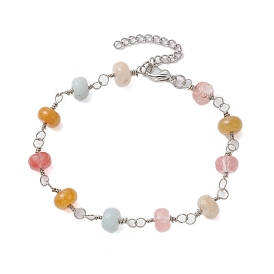 Faceted Rondelle Natural Topaz Jade & Natural Flower Amazonite & Cherry Quartz Glass Link Chain Bracelets, Brass Jewelry for Women