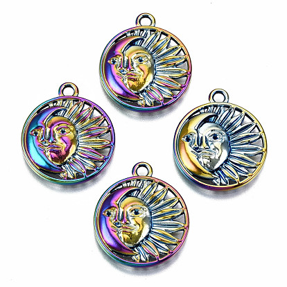 Rainbow Color Alloy Pendants, Cadmium Free & Lead Free, Flat Round with Moon & Sun