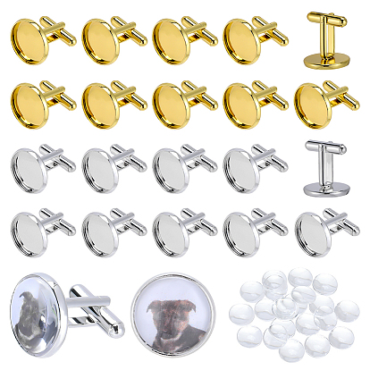 20шт. латунные запонки с оправой для кабошонов, 20 шт. Прозрачные стеклянные кабошоны, плоско-круглые