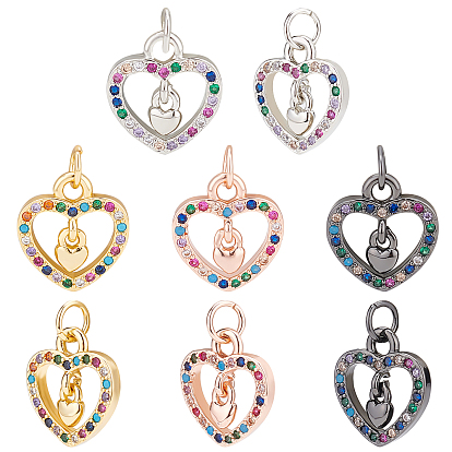 8Pcs 4 Colors Brass Micro Pave Cubic Zirconia Charms, with Jump Rings, Heart, Colorful