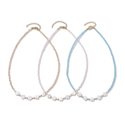 Glass Beads Necklaces, Natural Freshwater Shell Flower Pendant Necklaces
