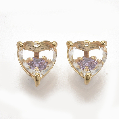 Brass Cubic Zirconia Charms, Nickel Free, Heart, Real 18K Gold Plated