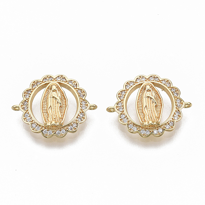 Звенья / коннеркоты из латуни с прозрачным кубическим цирконием, без никеля , плоские круглые с Девой Марией, реальный 18 k позолоченный