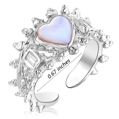 925 Sterling Silver Heart Open Cuff Ring, Natural Shell Chunky Ring with Clear Cubic Zirconia for Women