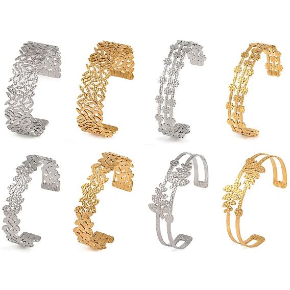 304 открытые браслеты-манжеты из нержавеющей стали с полыми листьями/цветками для женщин