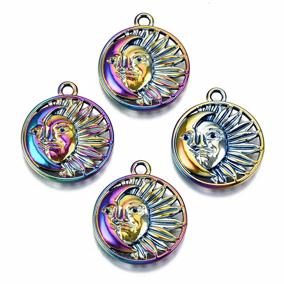 Rainbow Color Alloy Pendants, Cadmium Free & Lead Free, Flat Round with Moon & Sun