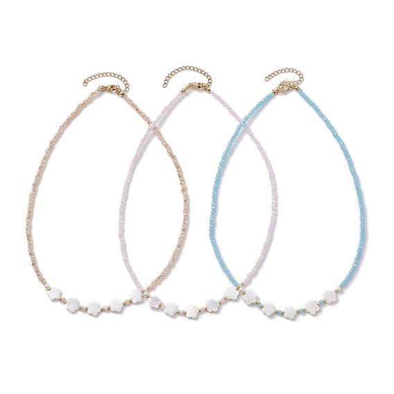 Glass Beads Necklaces, Natural Freshwater Shell Flower Pendant Necklaces