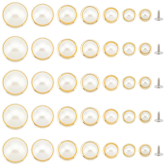 70Set 7 Style Iron Rivets, with Half Round Plastic Pearl Cabochons, for Coat, Shoes, Suitcase & Bag Decoration