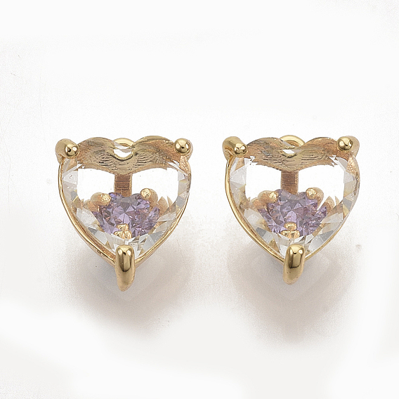 Brass Cubic Zirconia Charms, Nickel Free, Heart, Real 18K Gold Plated