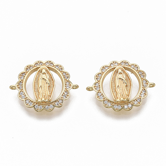 Звенья / коннеркоты из латуни с прозрачным кубическим цирконием, без никеля , плоские круглые с Девой Марией, реальный 18 k позолоченный