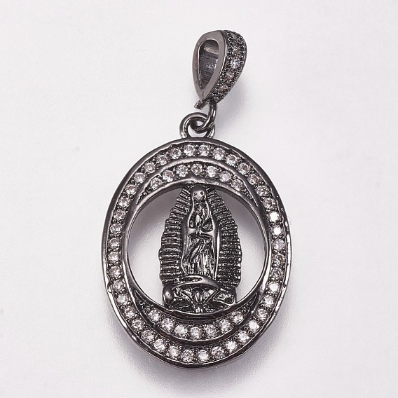 Brass Micro Pave Cubic Zirconia Pendants, Oval with Virgin Mary