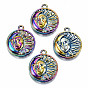 Rainbow Color Alloy Pendants, Cadmium Free & Lead Free, Flat Round with Moon & Sun