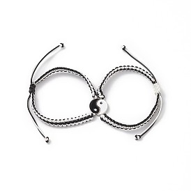 2Pcs 2 Color Alloy Enamel Yin Yang Matching Pendant Necklaces Set, Braided Adjustable Couple Necklaces for Best Friends Lovers