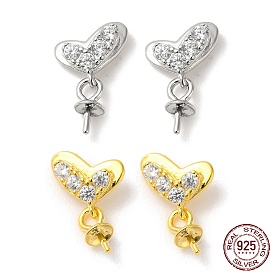 925 Sterling Silver Stud Earring Findings, Heart Dangle Earrings, with Cubic Zirconia, for Half Drilled Beads