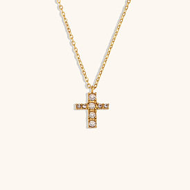 Minimalist Cross Pendant Necklace with Miniature Zircon Inlay for Versatile Fashion Accessory