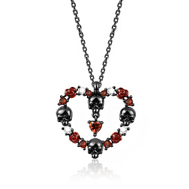 Gothic Heart-shaped Necklace with Vintage Skull Diamond Hip-hop Pendant - Halloween Accessories, Creative, Western Style.