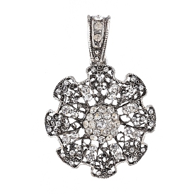 Antique Silver Plated Alloy Big Pendants, with Rhinestone, Flower