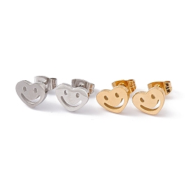 304 Stainless Steel Tiny Hollow Out Heart with Smiling Face Stud Earrings for Women