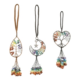 3 шт. 3 стили медная проволока, обернутая в чакру, натуральный драгоценный камень с подвеской в виде дерева жизни, подвесные украшения с кисточками, слеза, сердце и луна
