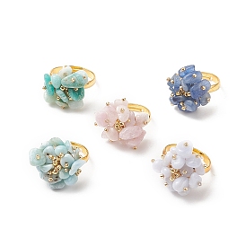 Natural Mixed Gemstone Chips Flower Adjustable Ring, Golden Brass Jewelry for Women