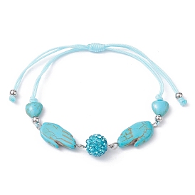 Palm Synthetic Turquoise Braided Bead Bracelets, Adjustable Polymer Clay Rhinestone Bead Nylon Thread Bracelets for Women